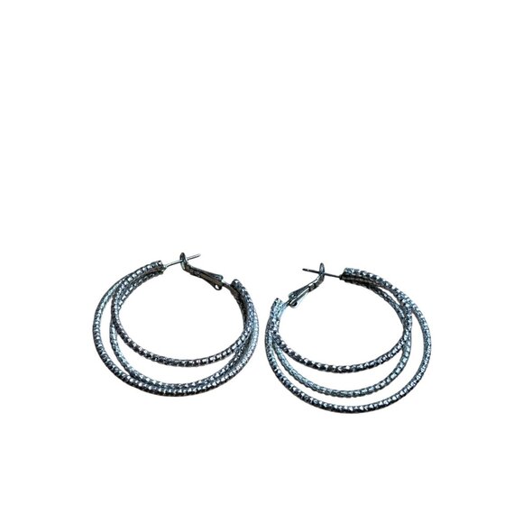 Textured Silvertone Triple Hoop Earrings 1.5 inches - Picture 1 of 2
